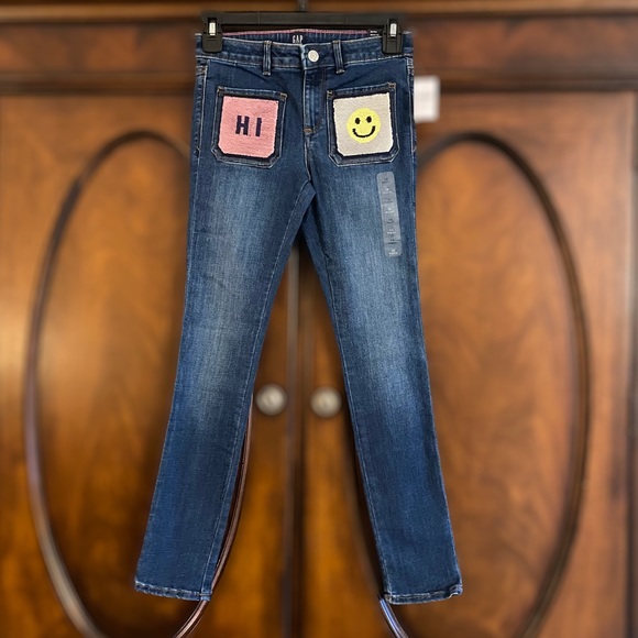 Gap Kids Skinny Sequin Flippy Emoji Jeans, Hi Bye Smiley Face NWT Size 10 - Picture 2 of 14